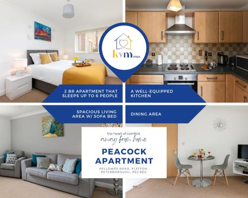 a collage of photos of a kitchen and a bedroom in a room at KVM - Peacock Apartment close to town by KVM Stays in Peterborough