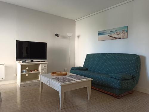 uma sala de estar com um sofá azul e uma televisão em Appartement T2 La Rochelle em La Rochelle