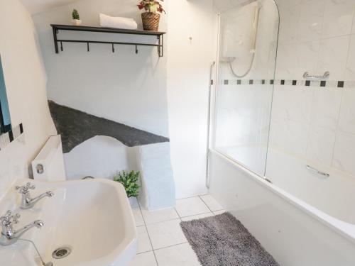a white bathroom with a sink and a shower at Cefn in Machynlleth