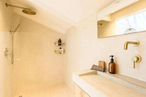 ein Bad mit einer Dusche, einem Waschbecken und einem Spiegel in der Unterkunft Rustgevend Paradijs aan het Bos in Putten