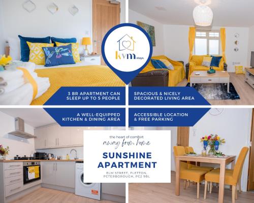 a collage of photos of a bedroom and a living area at KVM - Sunshine Apartment by KVM Stays in Peterborough