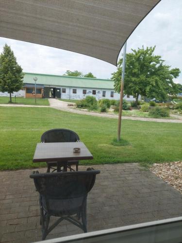 a picnic table in front of a field with a building at Hédervári Lovas Vendégház in Hédervár