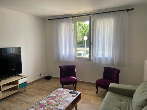 マルセイユにあるLa Serane Appartement T3のリビングルーム(ソファ、椅子、テレビ付)