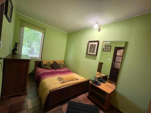 ein grünes Schlafzimmer mit einem Bett und einem Spiegel in der Unterkunft Hotelik nad Jeziorem in Łasin