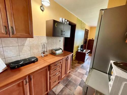 a kitchen with a wooden counter and a refrigerator at Hotelik nad Jeziorem in Łasin