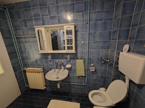Baño de azulejos azules con aseo y lavamanos en Apartmani Doroteja, en Bibinje