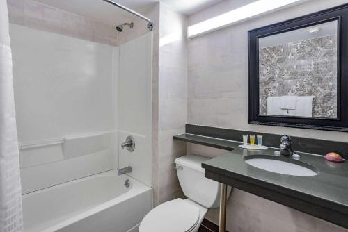 een badkamer met een toilet, een wastafel en een bad bij Super 8 by Wyndham Lindenhurst 