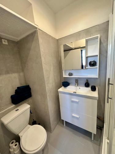 une salle de bain avec des toilettes blanches et un lavabo dans l'établissement Appartement T2 Florida, à Amiens