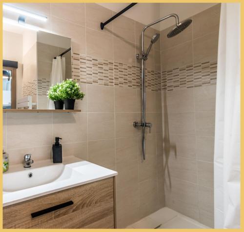 ein Bad mit einem Waschbecken und einer Dusche in der Unterkunft Studio Haut de gamme Cluses in Cluses