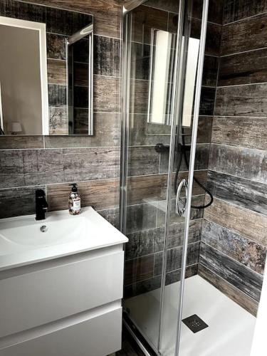 une salle de bain avec douche et lavabo dans l'établissement Cozy flat, quiet retreat w/ queen bed near forest, à Barbizon