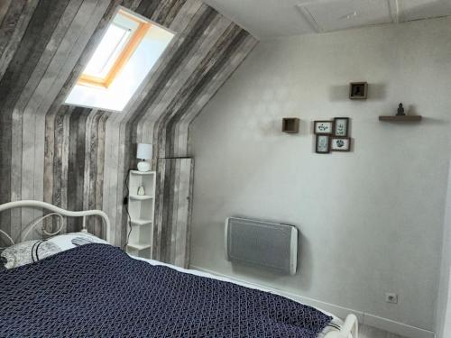 Boissey-le-ChâtelにあるGite maison de campagneのベッドルーム(青いベッド1台、窓付)