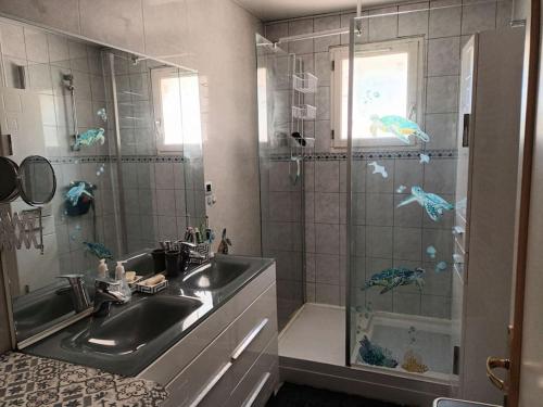 a bathroom with a sink and a shower at Gite maison de campagne in Boissey-le-Châtel