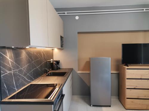 a kitchen with a sink and a refrigerator at Apartments Vesela in Banjol