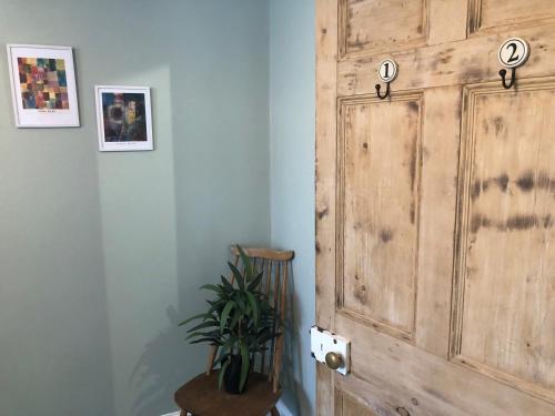 a wooden door in a room with a plant at The Nest, Central Falmouth, 10 mins to the beaches and off street parking in Falmouth