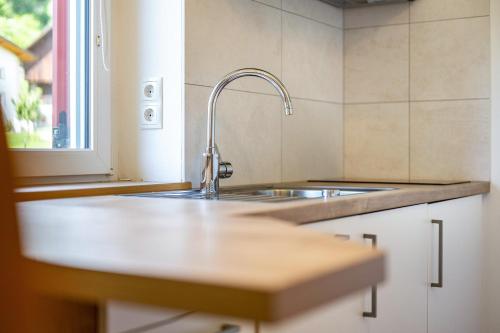 eine Küchentheke mit einem Waschbecken und einem Fenster in der Unterkunft Talblick Apartement 2 in Lajen