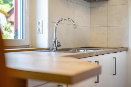 a kitchen counter with a sink and a window at Talblick Apartement 2 in Laion