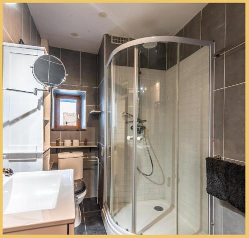 a bathroom with a shower and a sink at Maison de village T4 3 chambres avec parking gratuit Monnetier-Mornex in Monnetier-Mornex