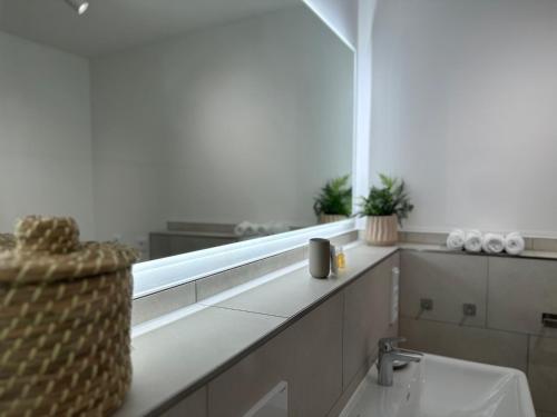 une salle de bain avec un lavabo et un miroir dans l'établissement Deluxe Apartment Goldsteinkoje 2, à Bad Nauheim