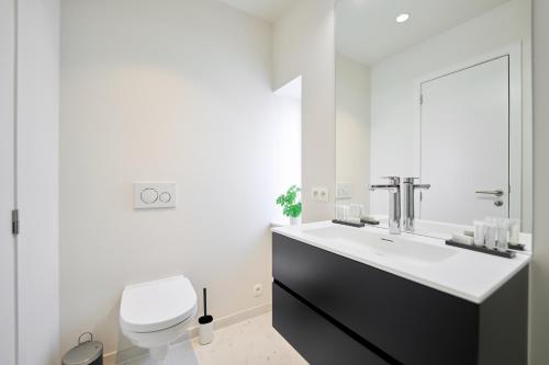 a white bathroom with a sink and a toilet at Place du Grand Sablon in Brussels