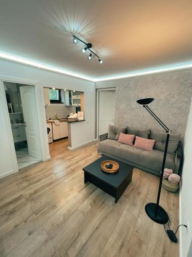a living room with a couch and a table at Cozy Glen - Private Villa, Parking and BBQ in Târgu-Mureş