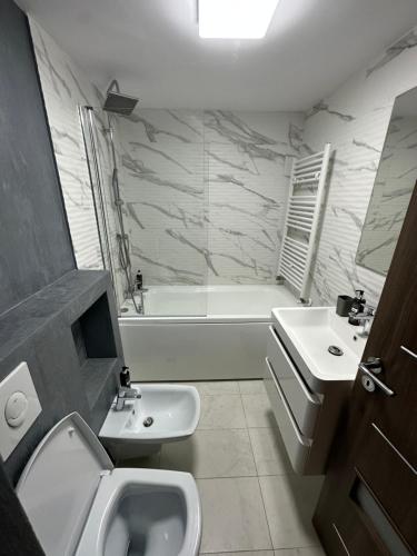 a bathroom with a sink and a toilet and a tub at Page1 Ultracentral Apartament in Târgovişte