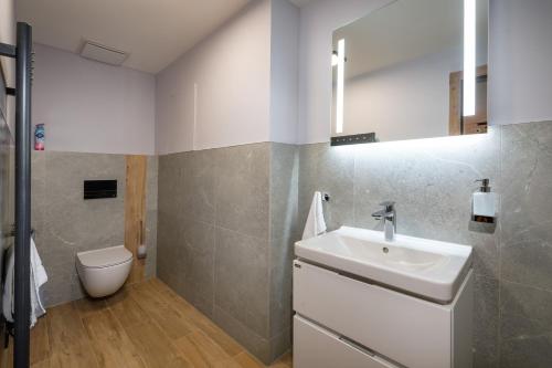 a bathroom with a sink and a toilet at TATRYSTAY Luxury Penthouse Apartment PodLesom in Vysoke Tatry - Dolny Smokovec