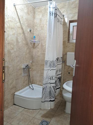 a bathroom with a toilet and a shower curtain at Hoste Pikante in Pančevo