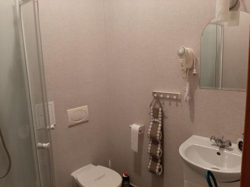 a bathroom with a toilet and a sink and a phone at Noclegi Viktor in Kalwaria Zebrzydowska