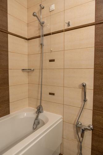 a bathroom with a shower and a bath tub at Апартамент и Студия "Спа Вълшебство" in Velingrad