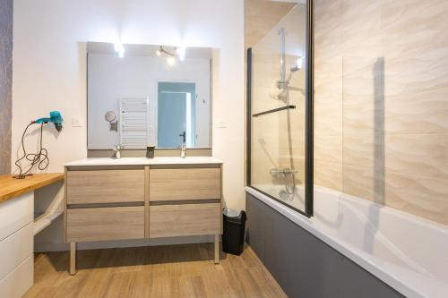 a bathroom with a sink and a shower at Le Cri de la Chouette - Appt avec terrasse in La Chapelle-Thouarault