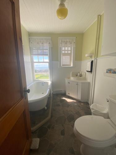 a bathroom with a toilet and a tub and a sink at Le Gaspesiana in Sainte-Flavie