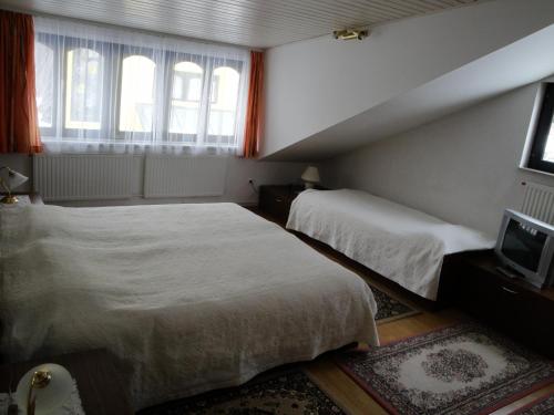 una camera con due letti e una TV e due finestre di Blumauer Apartments a Lubiana