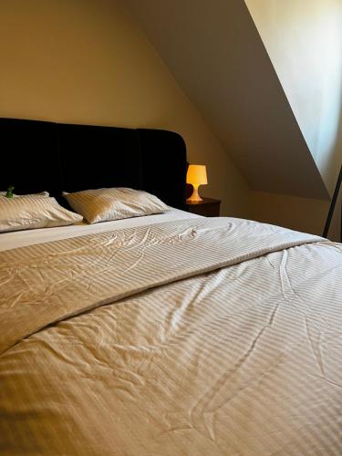 a large white bed with a black headboard and a lamp at Appartement Parkzicht in Geel