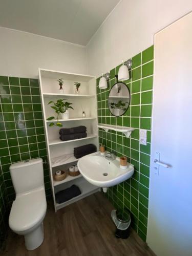 łazienka z umywalką, toaletą i zielonymi kafelkami w obiekcie L’Orangerie de Malpas w mieście Quingey