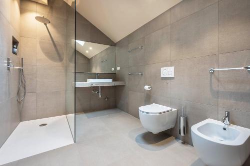 een badkamer met een douche, een toilet en een wastafel bij Loft Lauben in Bressanone