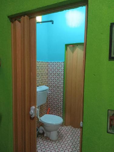 uma casa de banho com WC num quarto verde em ROSMA HOMESTAY em Kampong Ru Sepuloh
