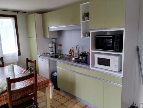 a kitchen with a sink and a microwave and a table at Chez David et Sonia in Éguzon-Chantôme