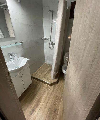 a bathroom with a sink and a shower and a toilet at Barbara’s House,New Superior Central Studio in Nea Kallikrateia