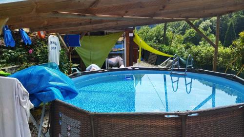 uma grande piscina com uma rede de descanso e um baloiço em Abri de jardin aménagé, chambre Camping Glamour em Lalaye