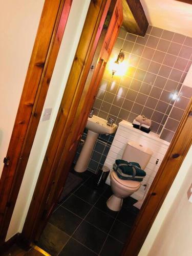 a small bathroom with a toilet and a sink at Vibrant Apartment at The Shore in Leith in Edinburgh
