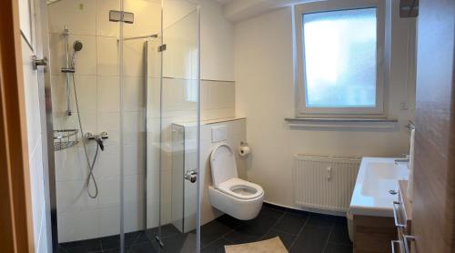 a bathroom with a toilet and a shower and a sink at Ferienwohnung Lucky Soest in Soest