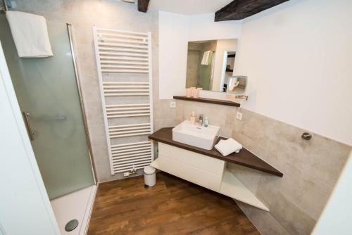 een badkamer met een wastafel en een douche bij Hotel zum Braunen Hirschen in Bad Driburg