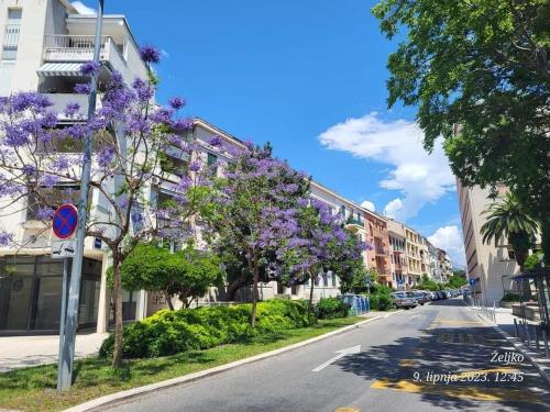 een straat met paars bloeiende bomen voor gebouwen bij Apartment D&T in Split