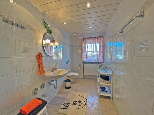 uma casa de banho com um lavatório e um WC em Kastanienhof em Bad Steben