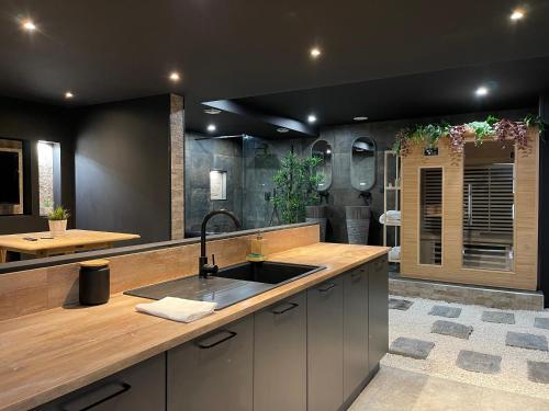 une cuisine avec un évier et un plan de travail dans l'établissement Spa & Love Exotic - Balnéo - Sauna - Parking, à Clermont-Ferrand