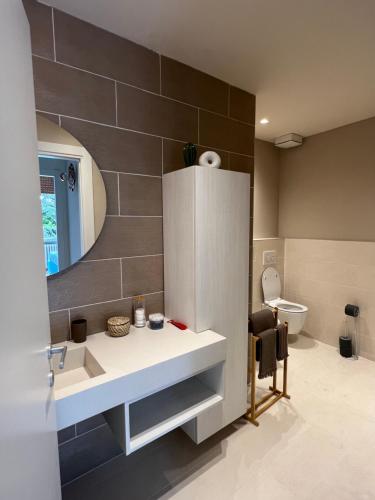 uma casa de banho com um lavatório branco e um WC. em Rosa di Parma em Parma