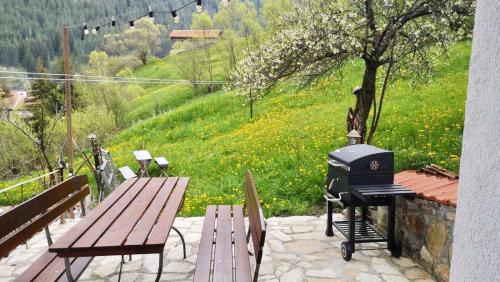 a grill and picnic tables with a view of a hill at Къща До Гората Триград in Trigrad