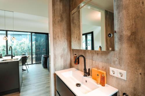 a bathroom with a sink and a mirror at Soof Heuvelrug in Rhenen