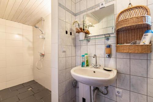 W łazience znajduje się umywalka i prysznic. w obiekcie Garden House w Kilonii