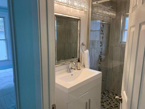 a bathroom with a sink and a shower at Crystal BeachHouse-new reno 3Br wifi smart tv in Fort Erie